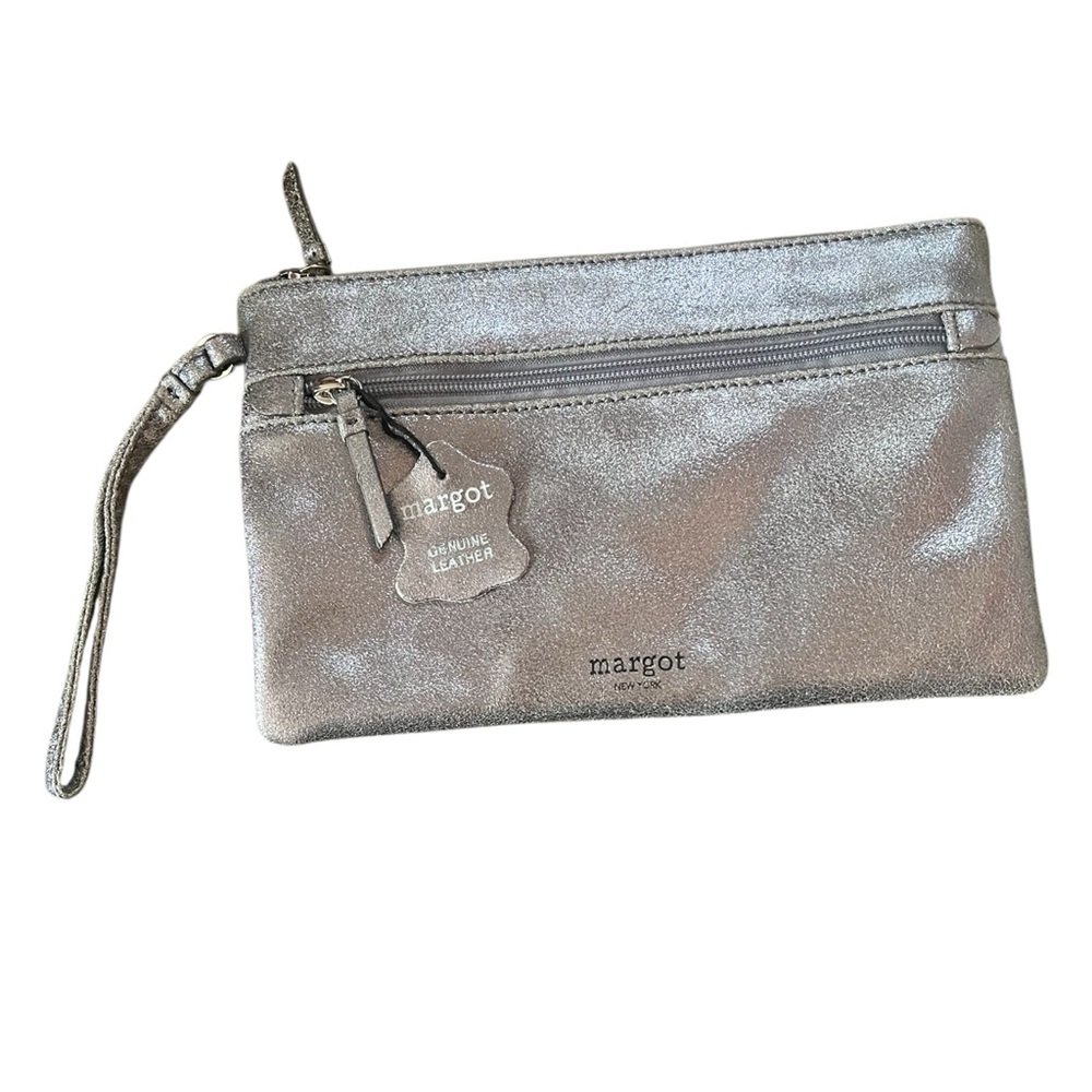 Margot New York Silver Metalic Wristlet Genuine Leather Handbag.